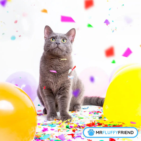 Eine verspielte graue Katze, umgeben von buntem Konfetti und Luftballons, feiert den Internationalen Tag der Katze