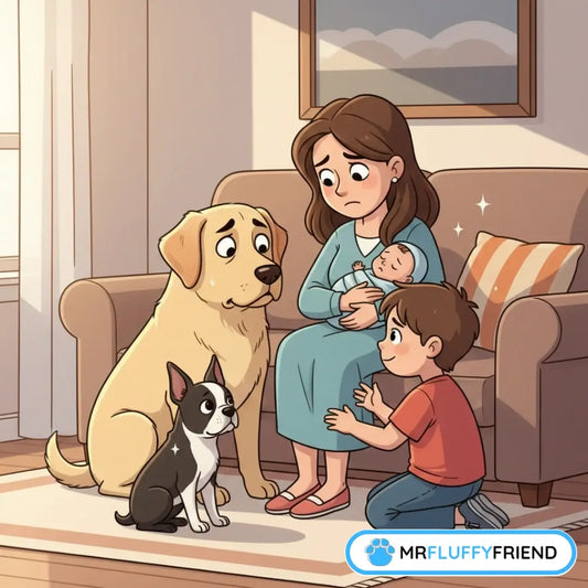 Trauriger Golden Retriever und Boston Terrier, die eifersüchtig neben einer Mutter stehen, die ein Baby hält.